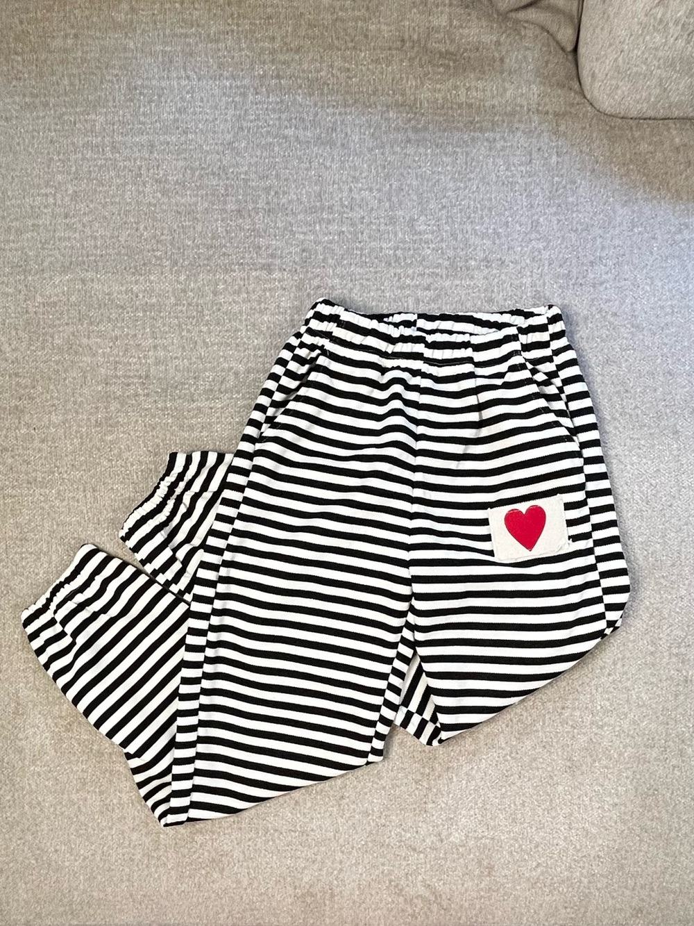 Kids size 140 Black & White Striped Kids Joggers with Red Heart Patch